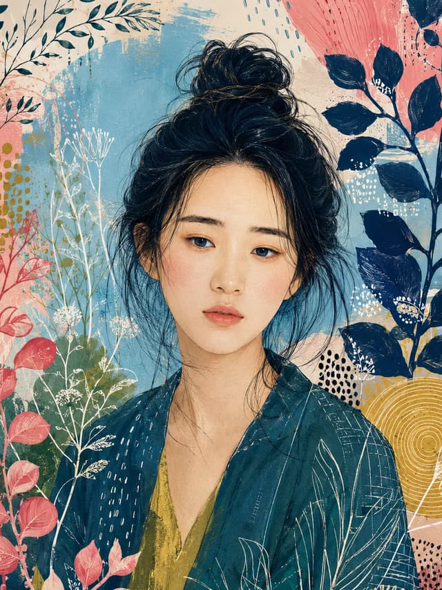 플로럴 콜라주 스타일로 변형한 인물 일러스트