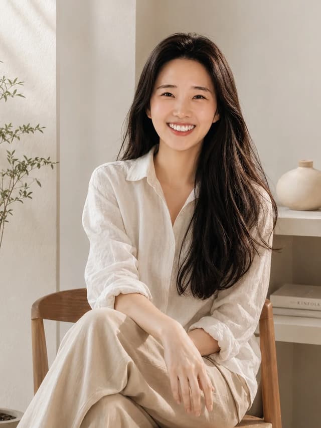 밝은 실내 의자에 앉아 있는 인물 사진