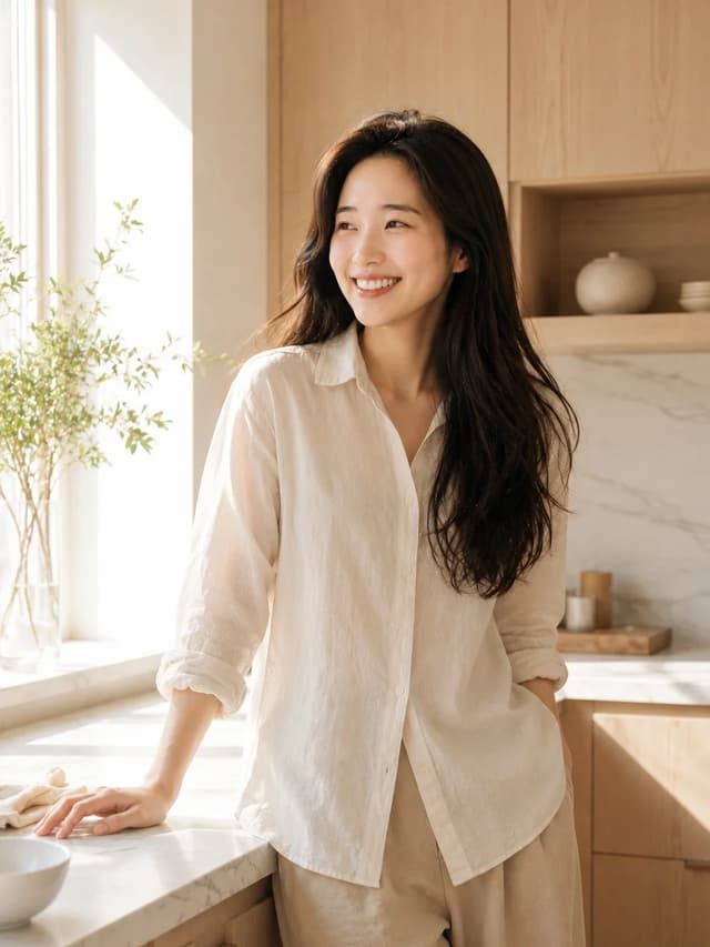 햇살이 드는 주방에 서 있는 인물 사진