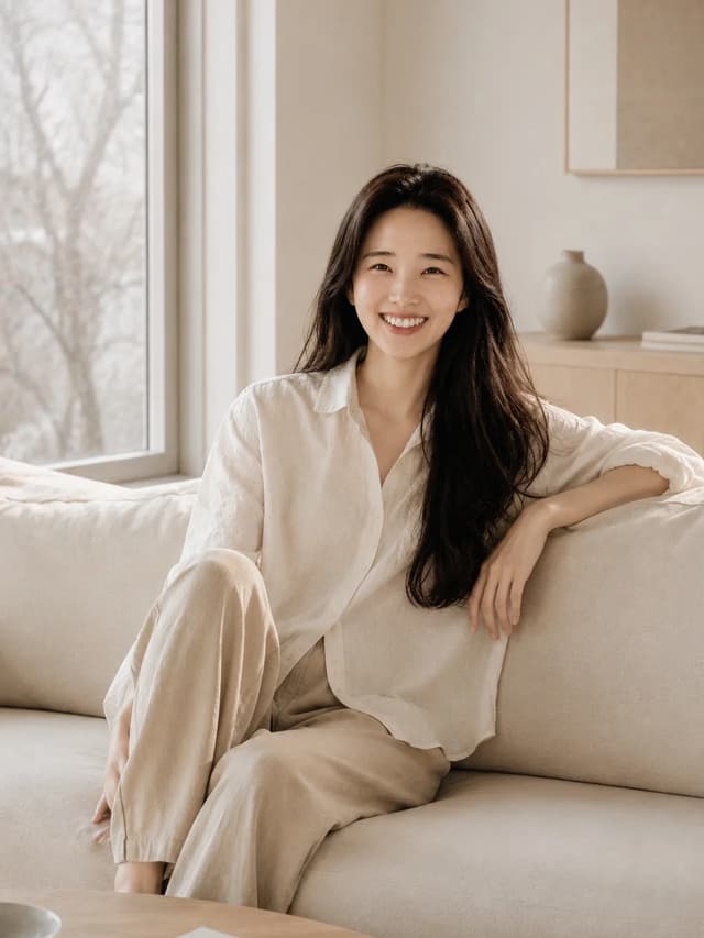 밝은 거실 소파에 앉아 있는 인물 사진